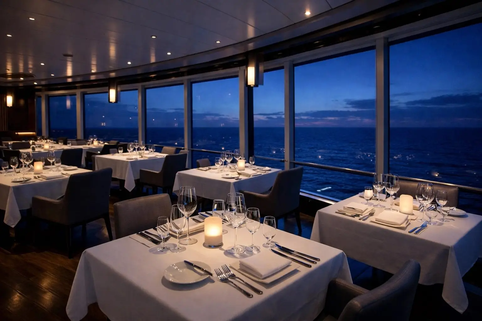 Elegant dining room aboard a luxury ship